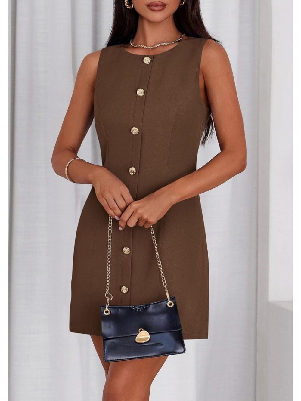 Pretty Garden Women's Brown Formal Sleeveless Button Down Elegant Mini Dress - Picture 4 of 6
